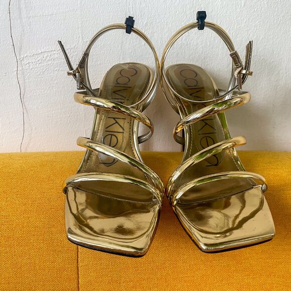 Calvin Klein Golden Heeled Sandal - 4" - Square Toe & Stunning- Size 6 - Picture 6 of 10